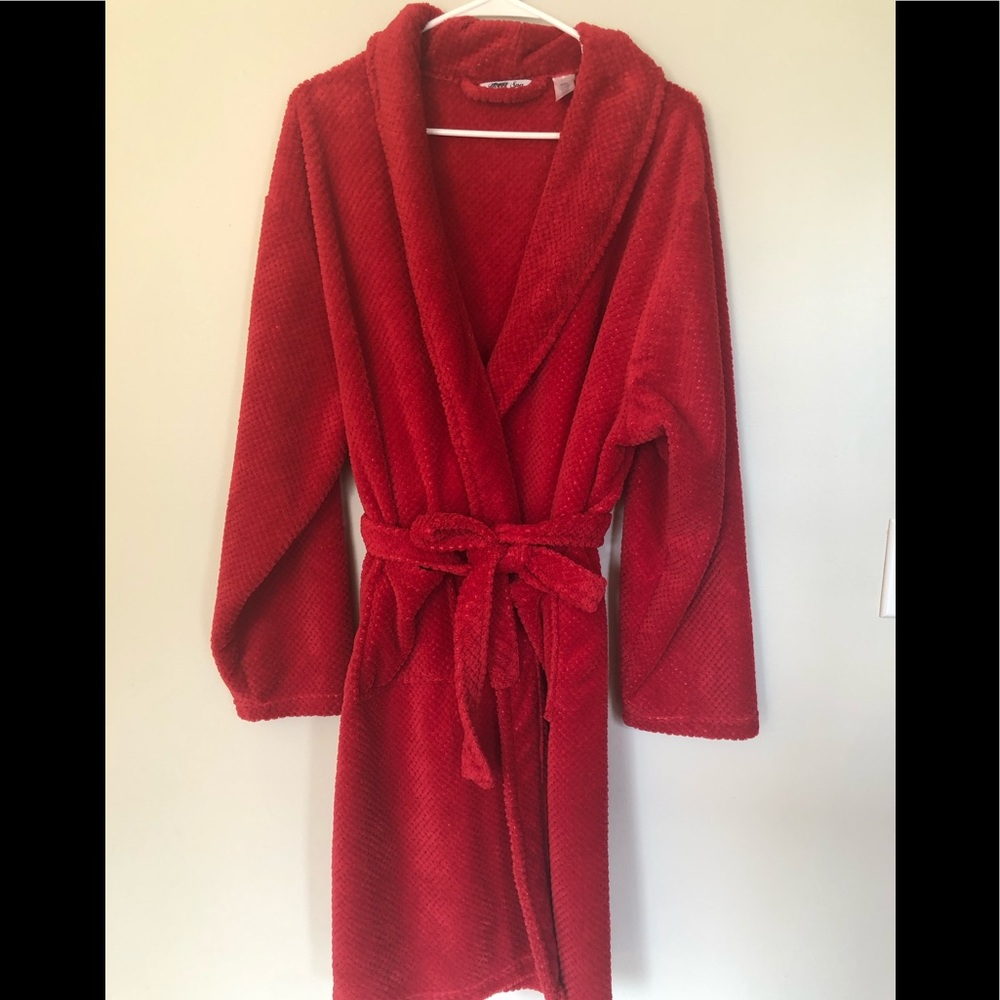 HOTEL SPA ROBE RED PLUSH BELTED POCKETS ONE SIZE